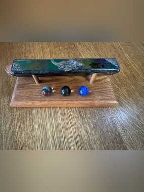 Vintage Kaleidoscope  -  Stained Glass with Oak Stand & 4 Marbles.